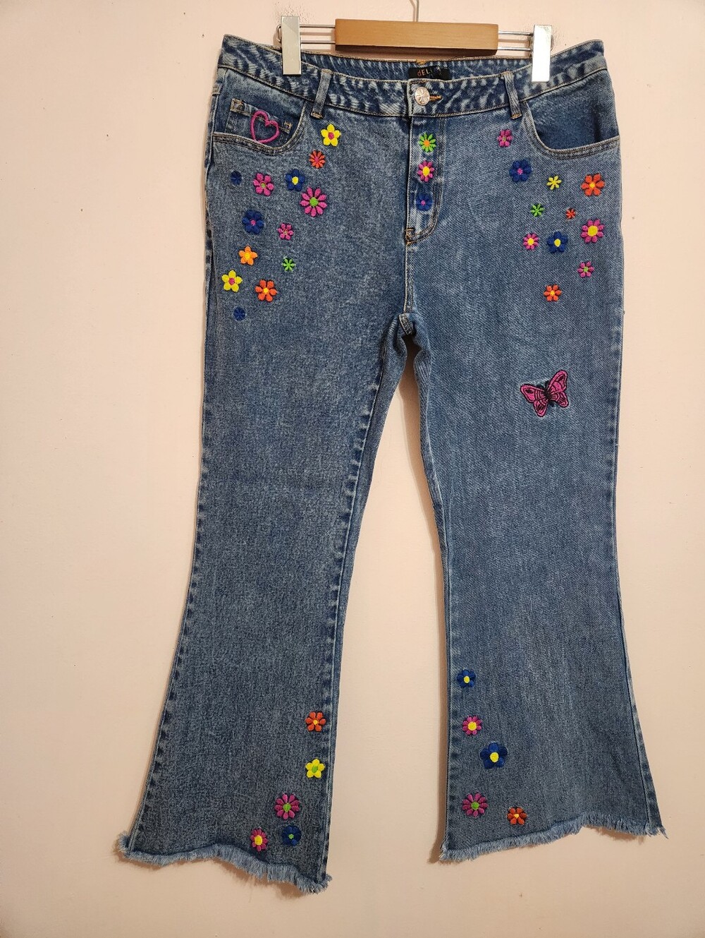 Y2K dELiA*s Dolls Kill Embroidered Flower Butterfly Acid Wash Frayed Flare Jeans